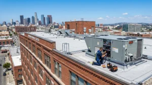 technician servicing roof air conditioner