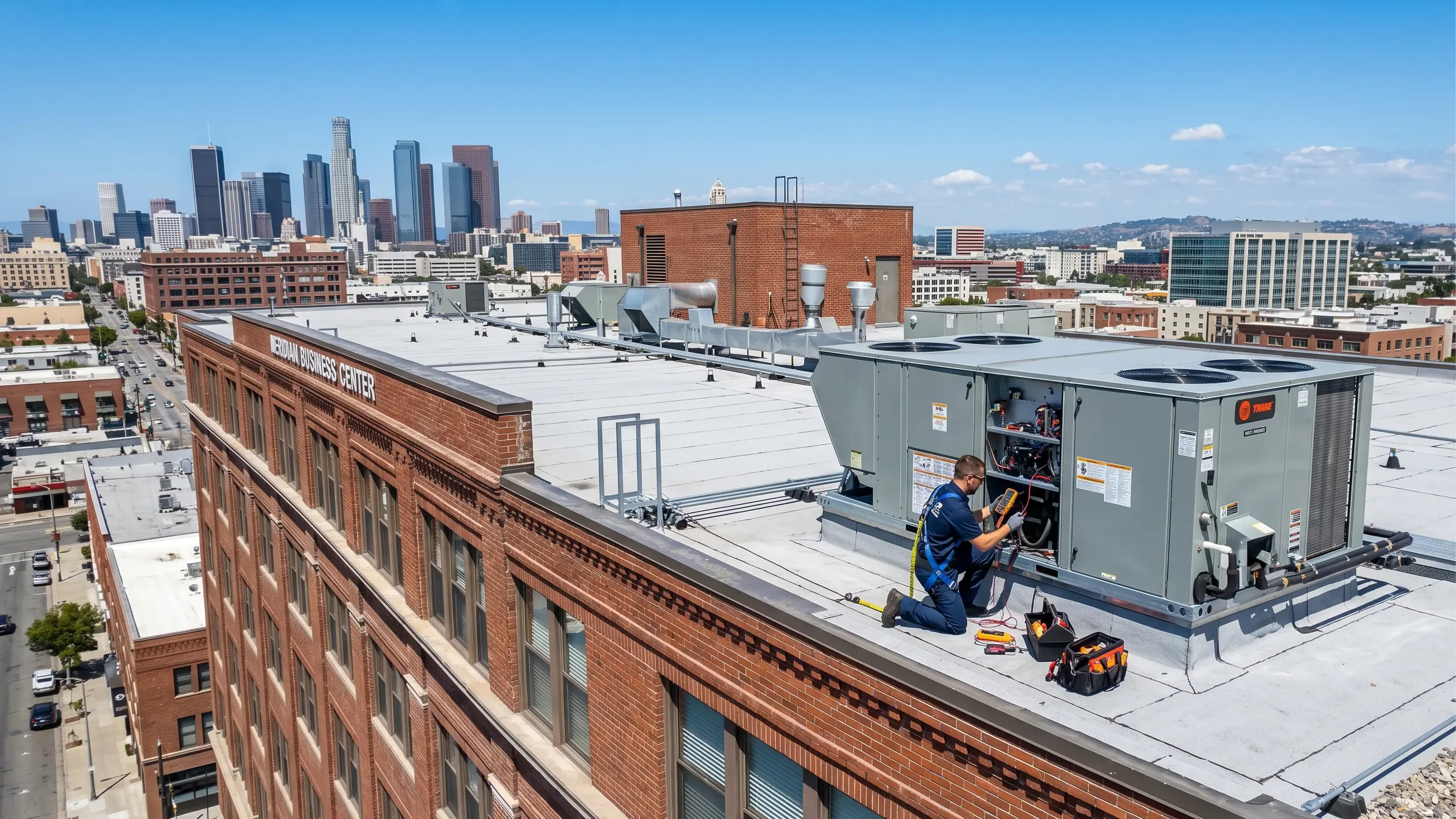 technician servicing roof air conditioner
