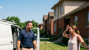 contractor talking to relieved homeowner