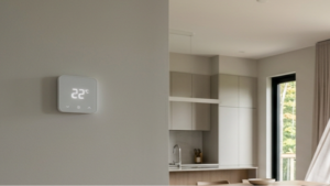 Modern Quebec home interior with soft daylight, neutral tones, and a small wall thermostat, conveying quiet, energy-efficient comfort.