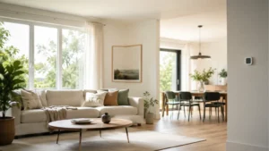Clean modern Quebec living room with soft natural light, neutral furniture, and a small wall thermostat representing HVAC home comfort and energy efficiency.