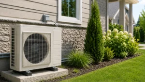 Technicien CVC révisant une thermopompe et des documents de subvention pour une maison à Vaudreuil