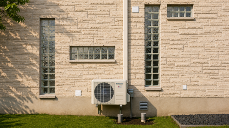 Goodman heat pump installed on beige stone exterior wall with glass block windows.