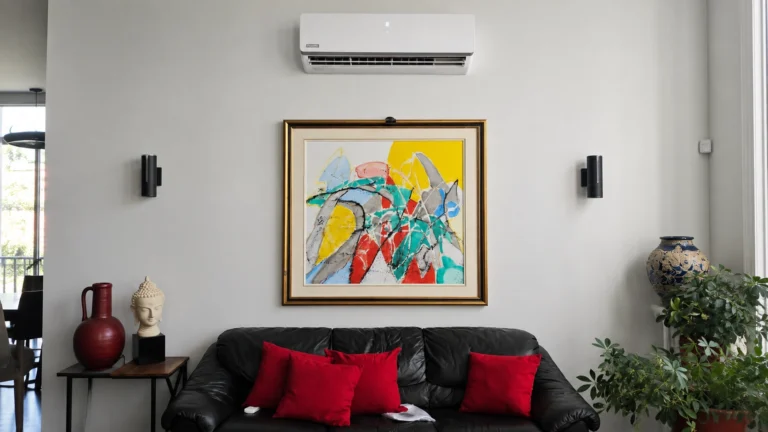 Wall-mounted mini-split air conditioner above a black leather sofa in a modern living room.