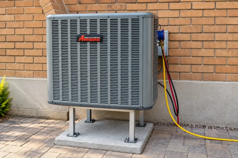 Amana outdoor air conditioning unit mounted on a raised stand beside a brick wall.