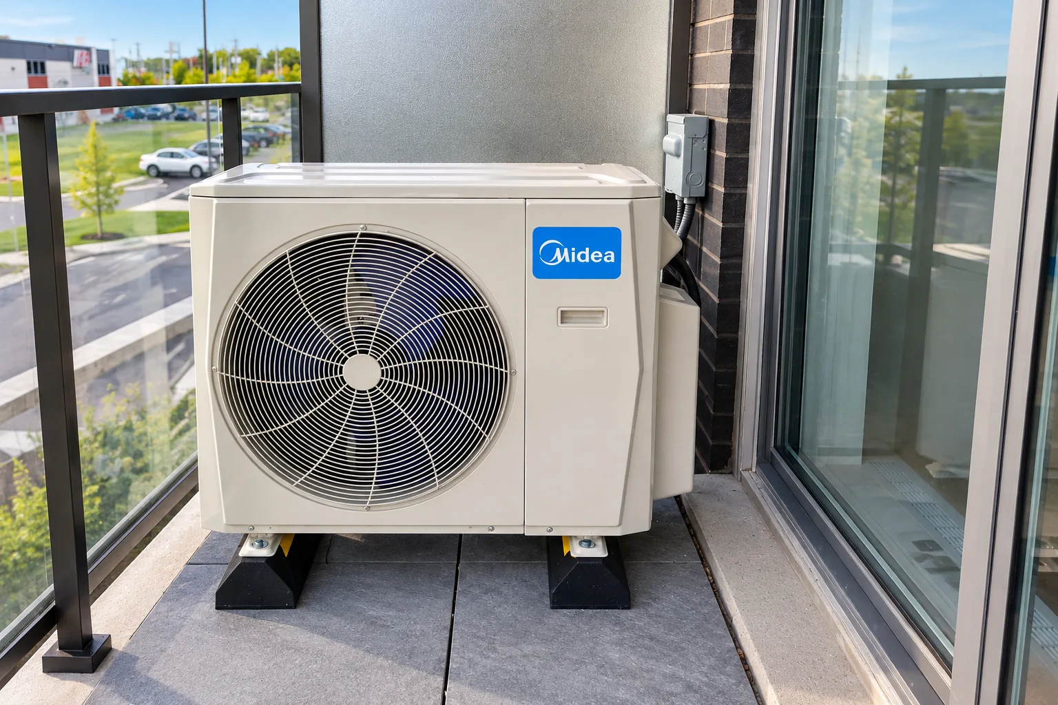 Midea outdoor mini-split unit installed on a condo balcony beside a sliding glass door.