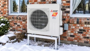 Mitsubishi Electric outdoor heat pump mounted on a raised stand beside a brick house in winter.