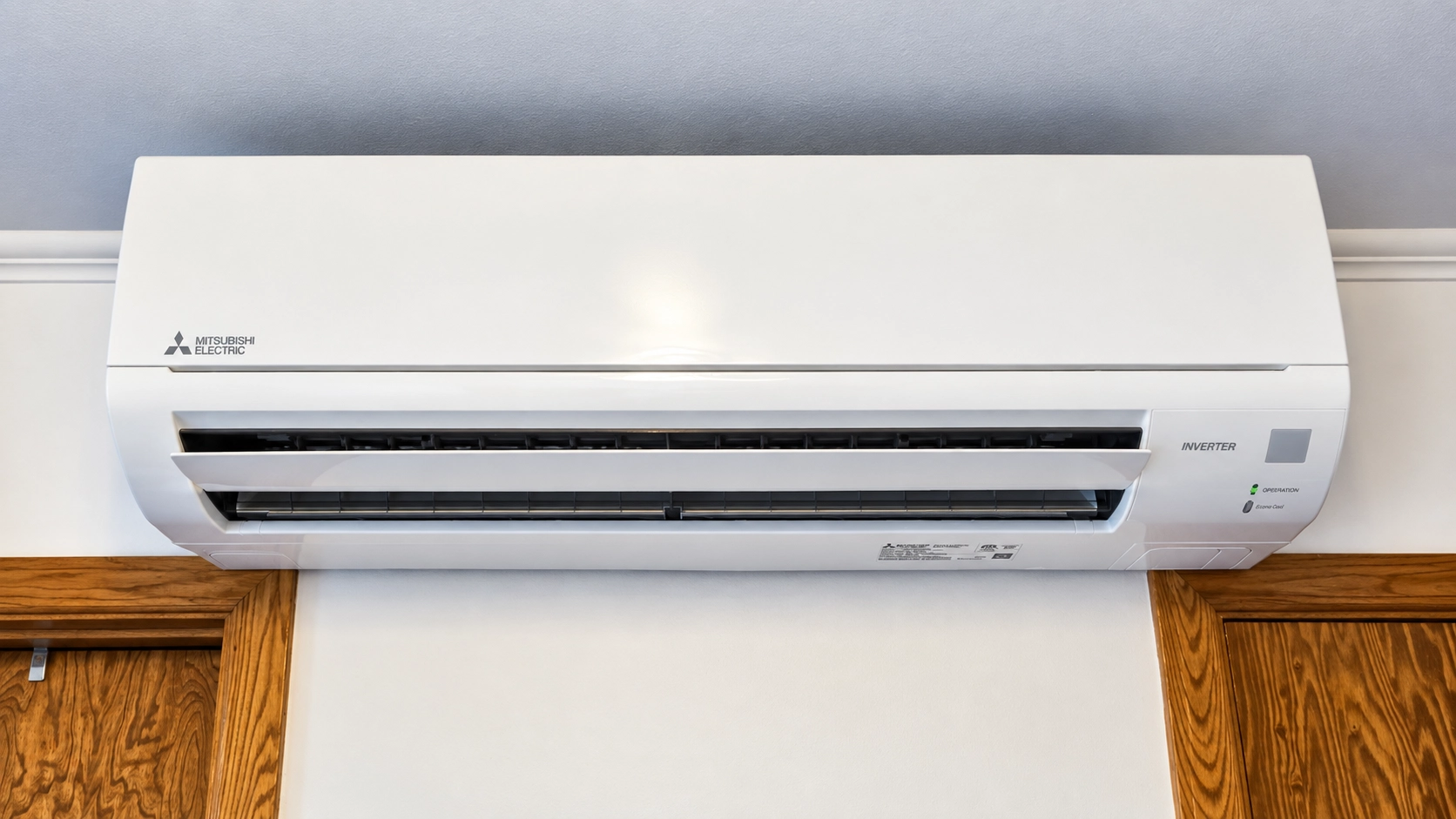 Mitsubishi Electric wall-mounted mini-split air conditioner installed above wood-trimmed doorways.