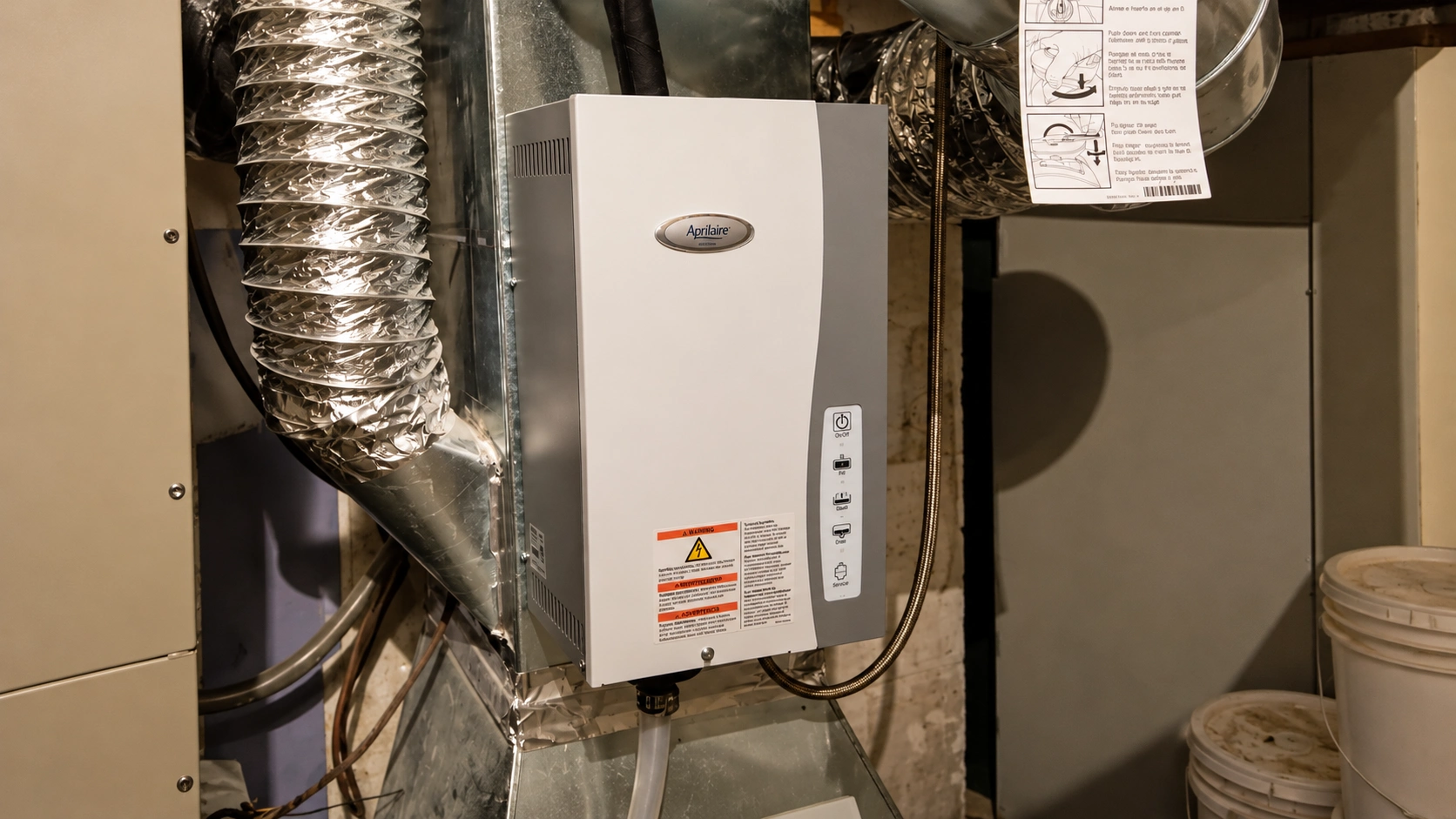 Aprilaire whole-home humidifier mounted on HVAC ductwork in a basement utility room.