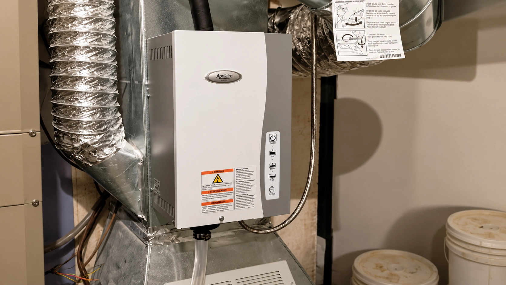 Aprilaire whole-home humidifier mounted on HVAC ductwork in a basement utility room.