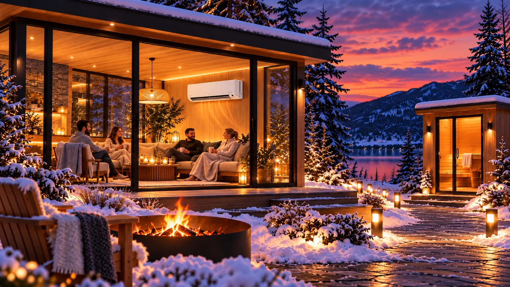 Thermopompe murale bien visible dans un pavillon vitré chauffé, avec un sauna extérieur en bois séparé dans un paysage enneigé