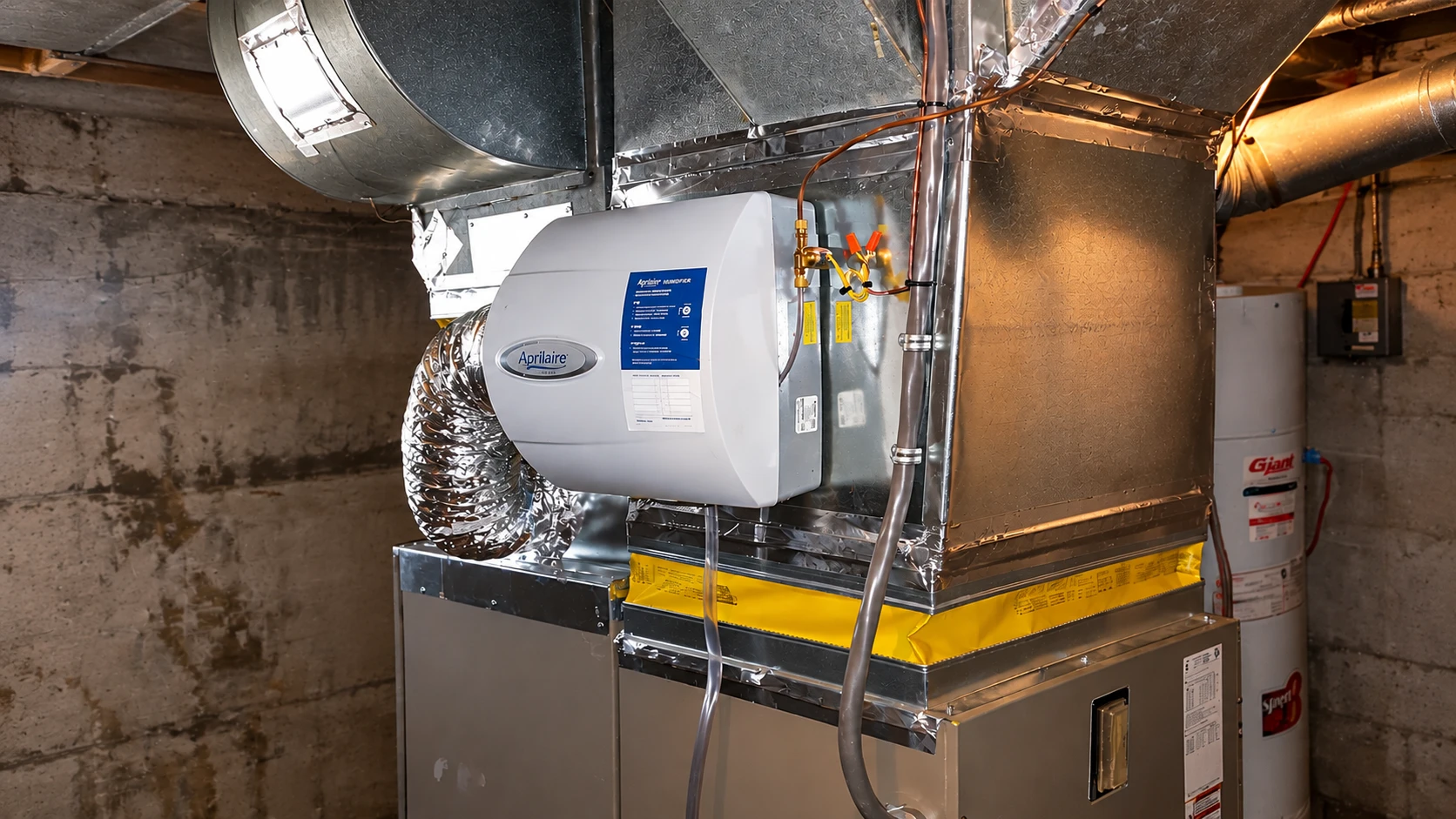 Whole-home humidifier installed on a residential HVAC furnace and ductwork in a basement utility room.